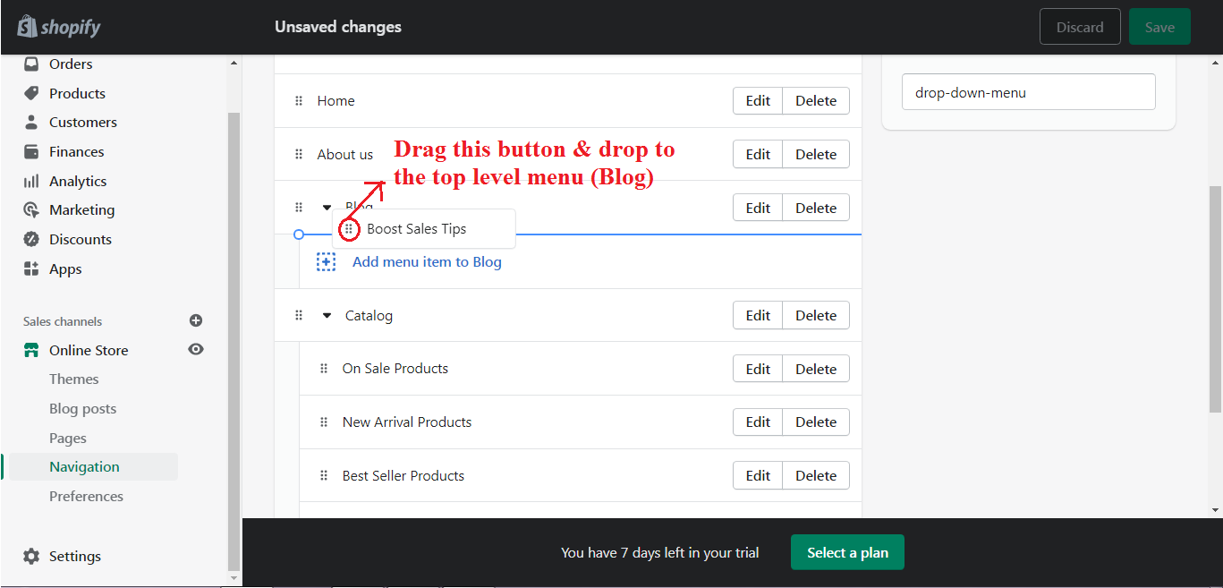 Drop down menu Debut theme Shopify step 4 MyShopKit - Ecommerce Solution