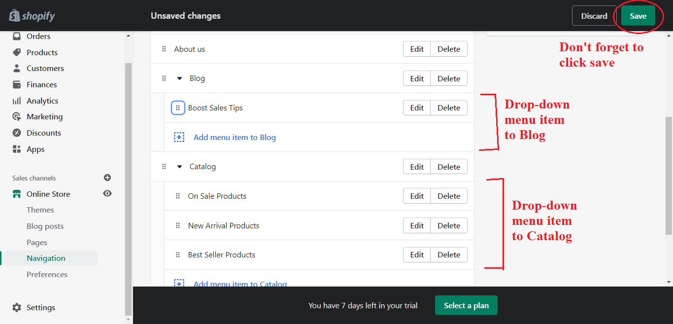 Drop down menu Debut theme Shopify step 5 MyShopKit - Ecommerce Solution