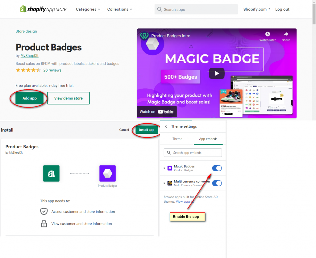 Add and enable app in Shopify