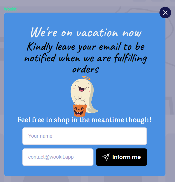 Vacation poup MyShopKit - Ecommerce Solution